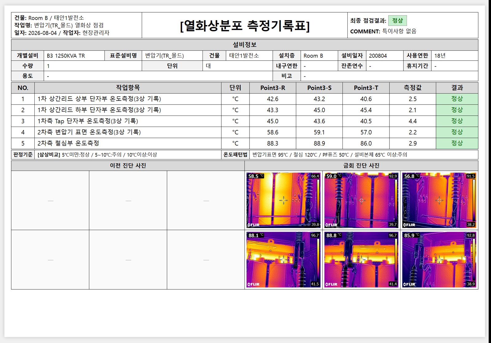 열화상분포 측정기록표 자동 생성 — 전기안전관리자 직무고시 서식